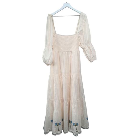 Anna Cate Scarlet Maxi Dress XS Ivory Blue Floral Embroidered Puff Sleeve Boho - Picture 6 of 7